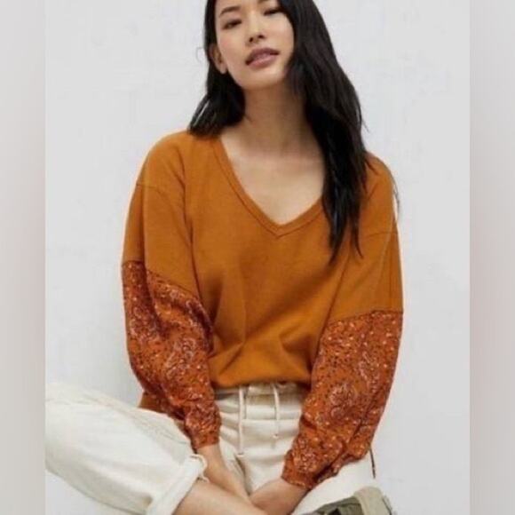 By Anthropologie L Annette Floral Print Waffle Knit Top - Picture 1 of 7
